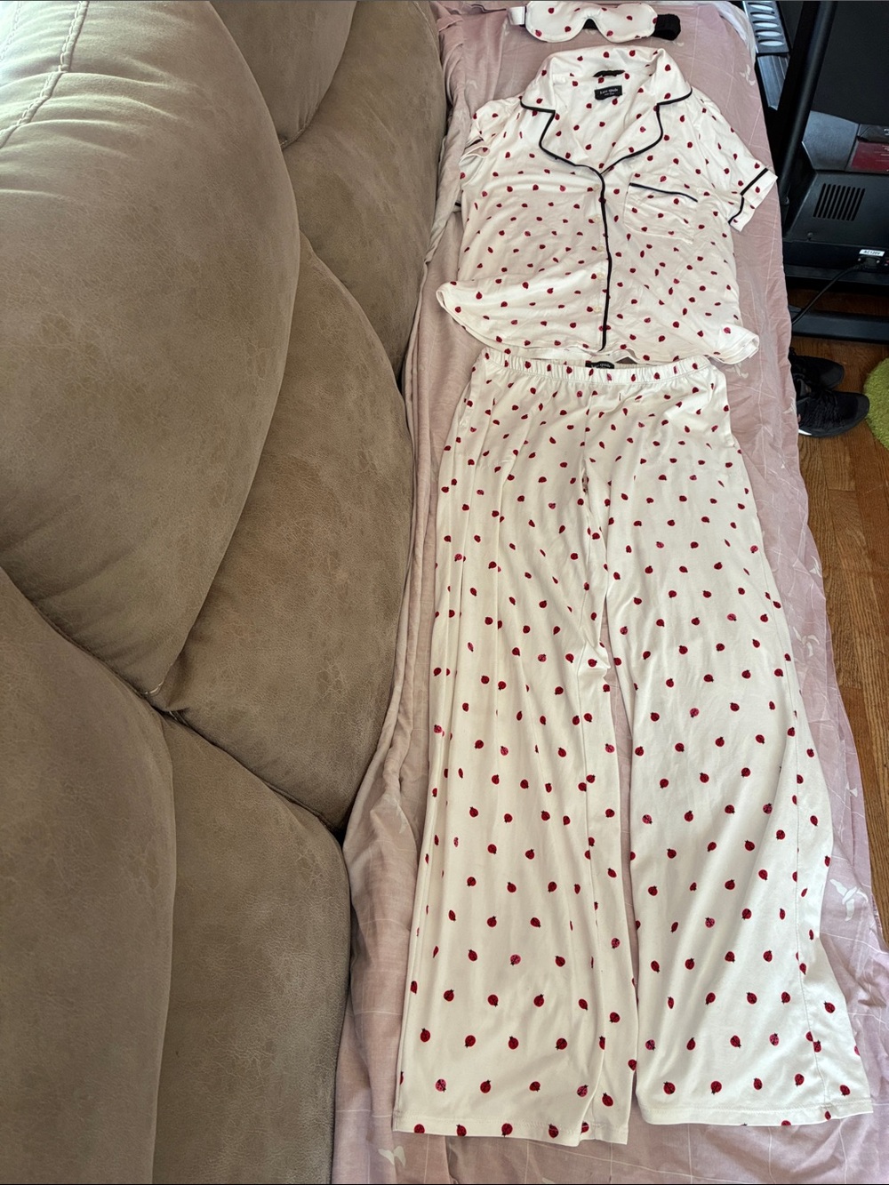 Kate Spade White Pajama Set with Red Lady Bugs Print and Black Piping XS